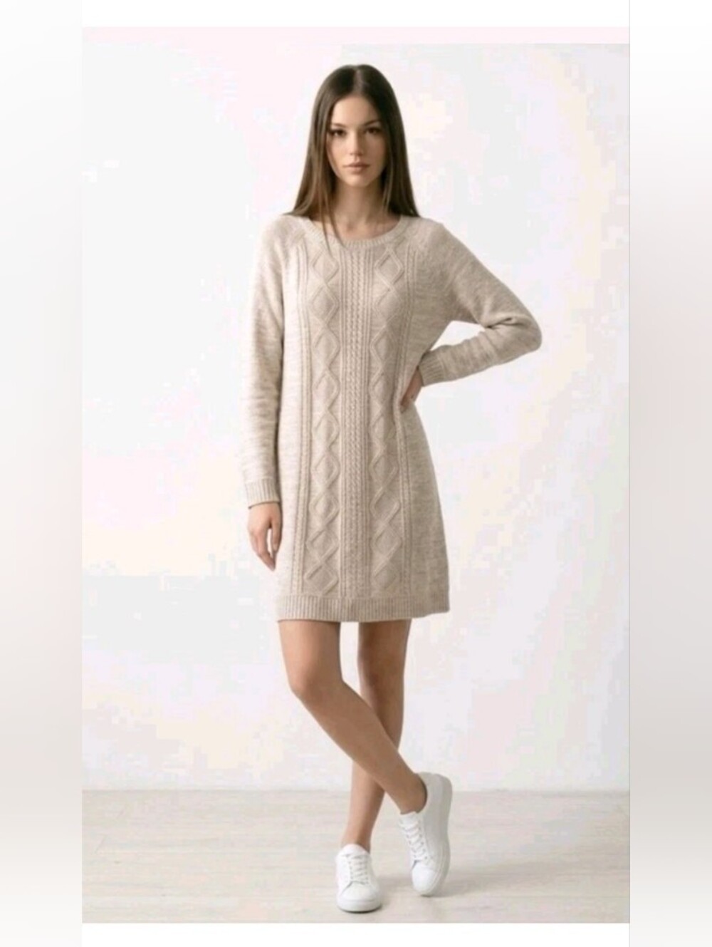 J Jill Oatmeal Cable Knit Long Sleeve Cotton Blend Sweater Dress Size Petite M
